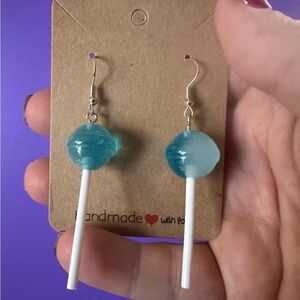 Cute and quirky blue raspberry mini lollipop sucker dangle earrings